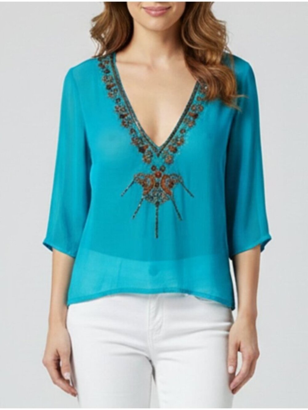 Lotta Stensson Silk Embroidered Beaded Tunic V Neck Top